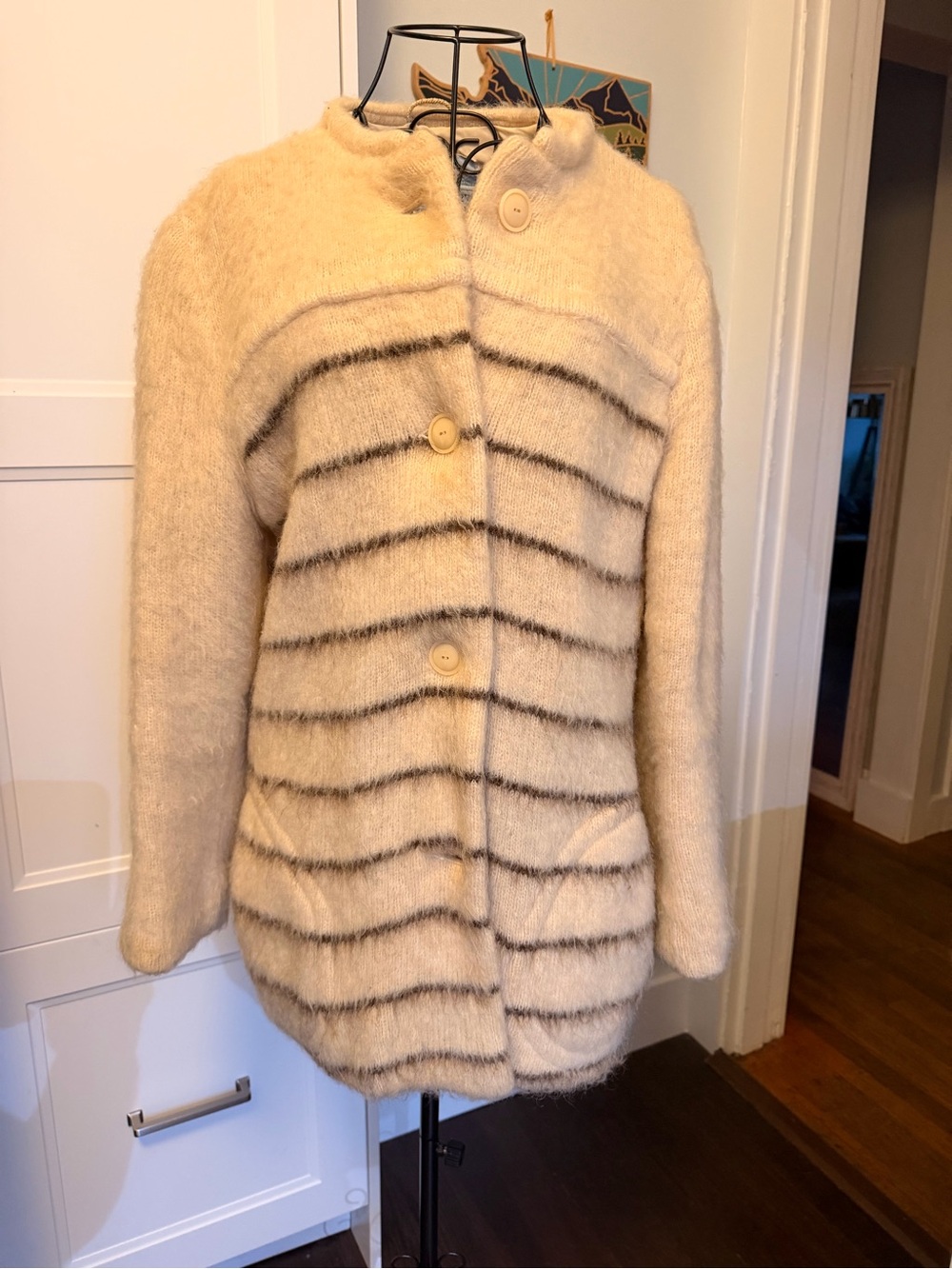 Women's Vintage Cream Striped Wool Button-Up Cozy Coat